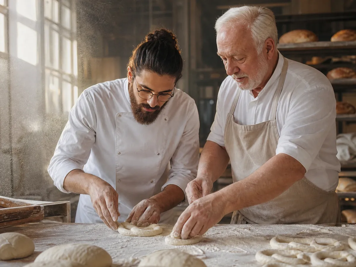 Seniorchef arbeitet in der Backstube seinen künftigen Nachfolger frühzeitig in den Betrieb ein