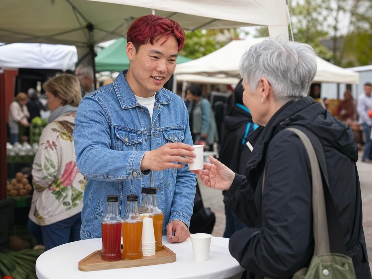 Junger Gründer testet seine Produktidee zunächst mit einem kleinen Probestand auf dem Wochenmarkt