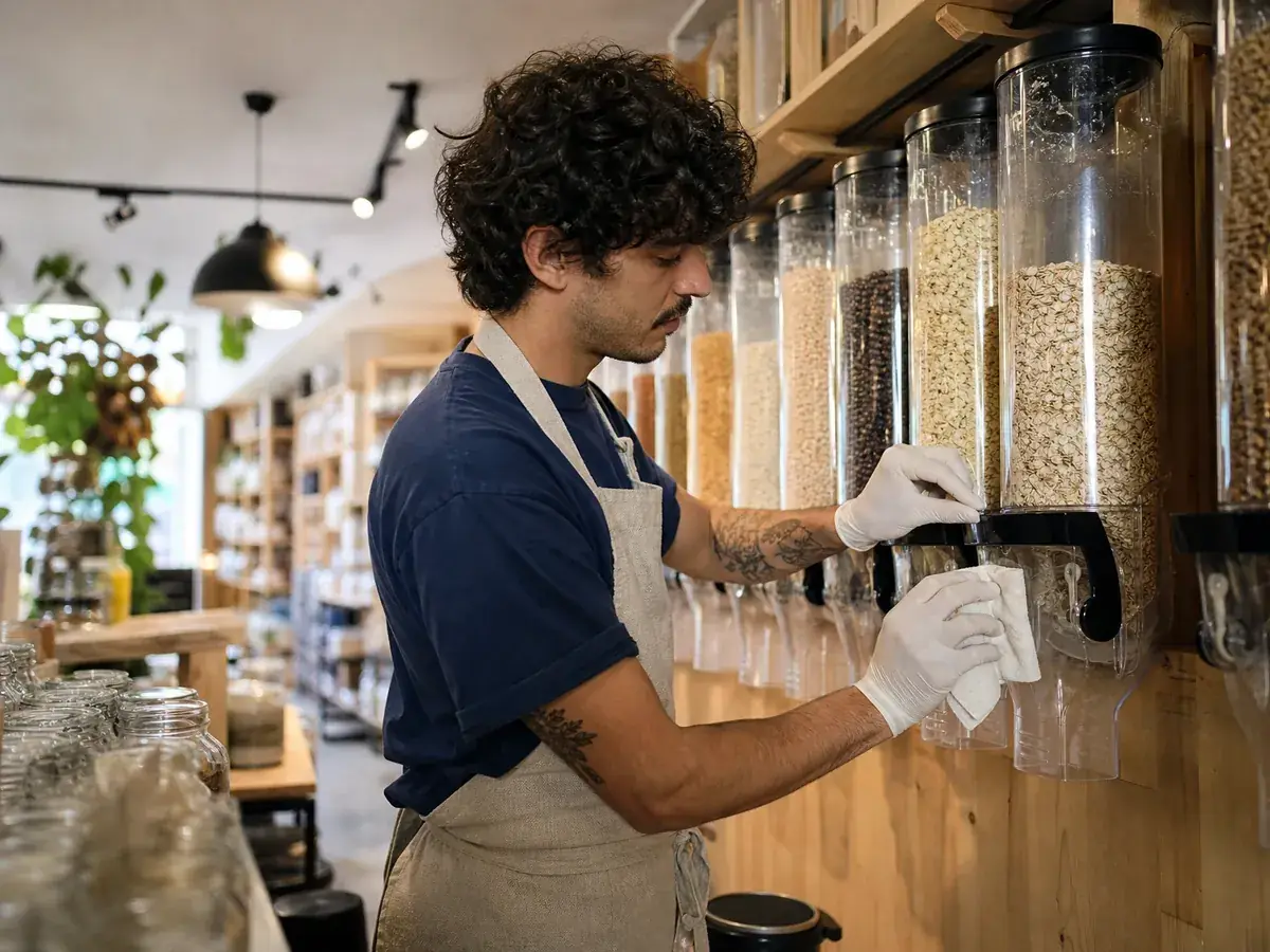Inhaber eines Unverpackt-Ladens reinigt einen Schwerkraftspender für Haferflocken nach dem Hygieneplan