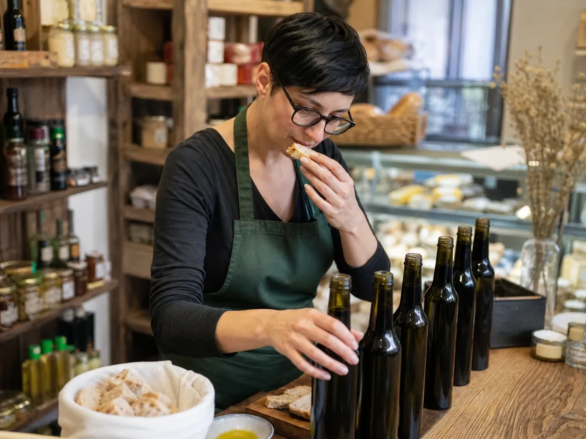 Inhaberin eines Feinkostladens vergleicht Olivenöle, um ihr Angebot klar vom Wettbewerb abzugrenzen