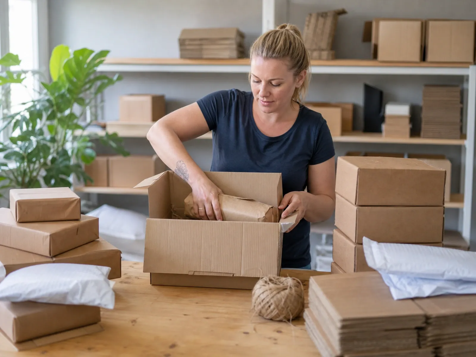 USt-IdNr. beantragen: Onlinehändlerin packt Pakete für den Versand ins Ausland
