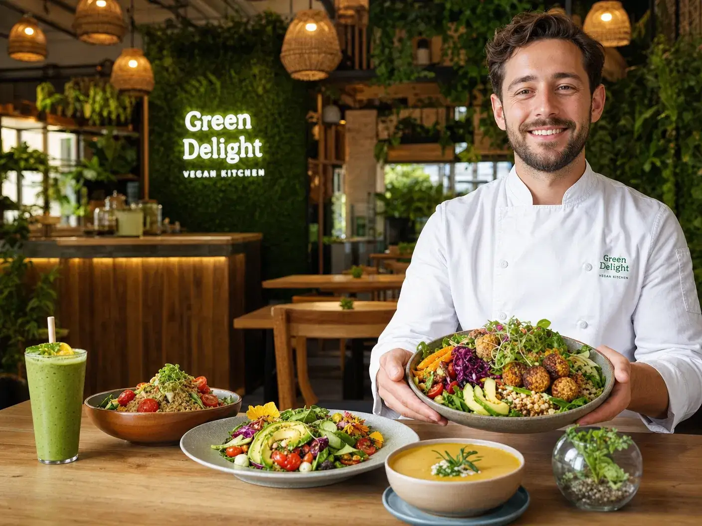 Koch in weißer Jacke hält eine bunte Bowl in seinem veganen Restaurant, vor ihm Salate, Suppe und ein grüner Smoothie, dahinter eine Pflanzenwand