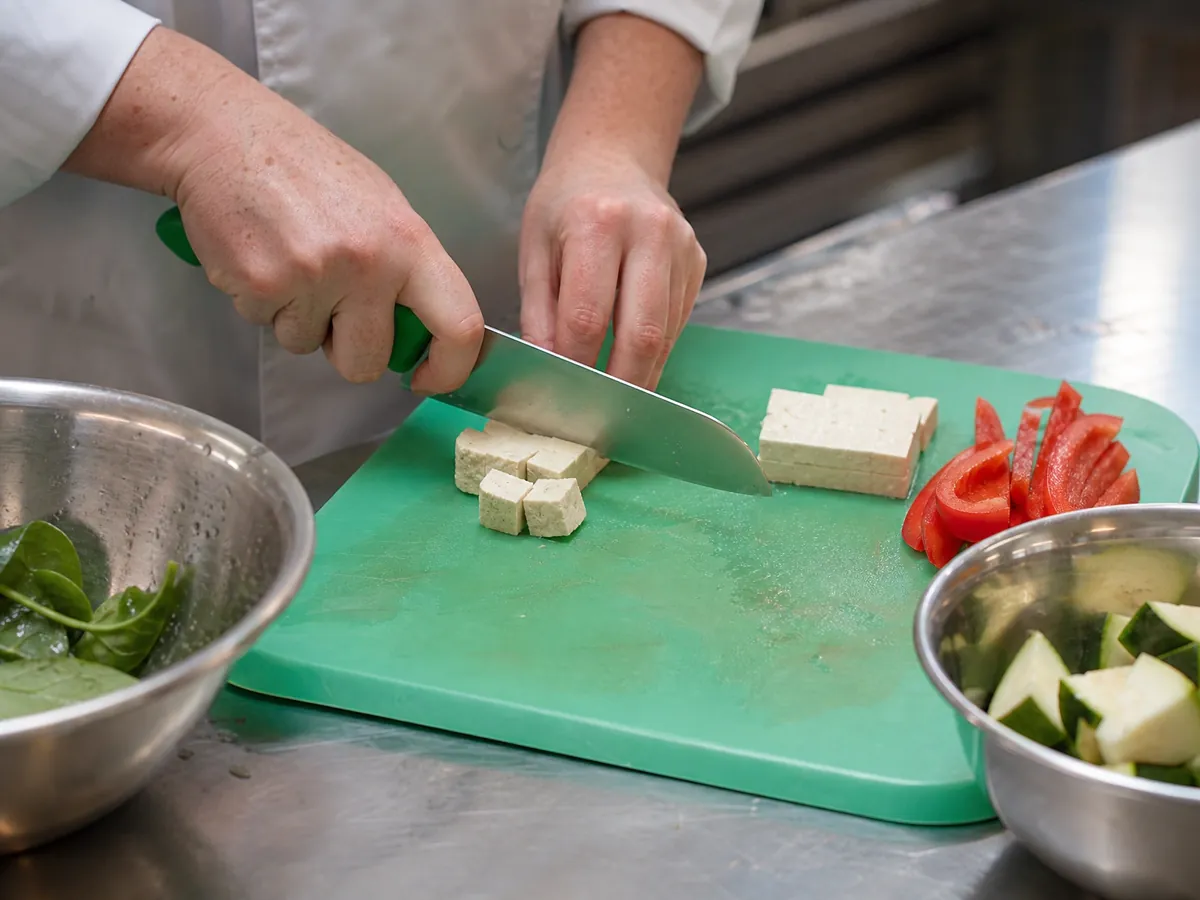 Hände schneiden Tofu auf einem eigenen grünen Brett, damit keine tierischen Zutaten in vegane Gerichte gelangen