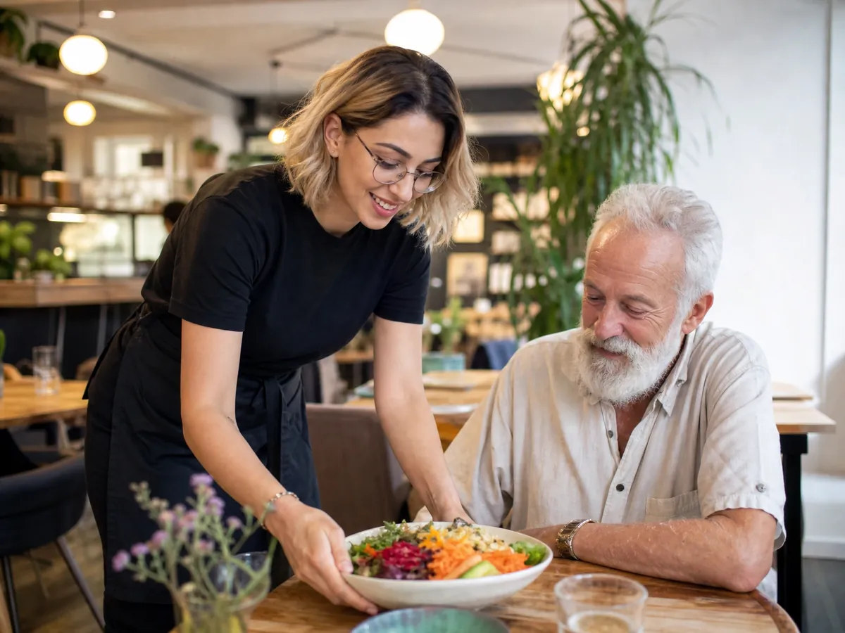 Gründerin serviert in ihrem veganen Restaurant Bowls an Gäste, die sich nicht alle vegan ernähren
