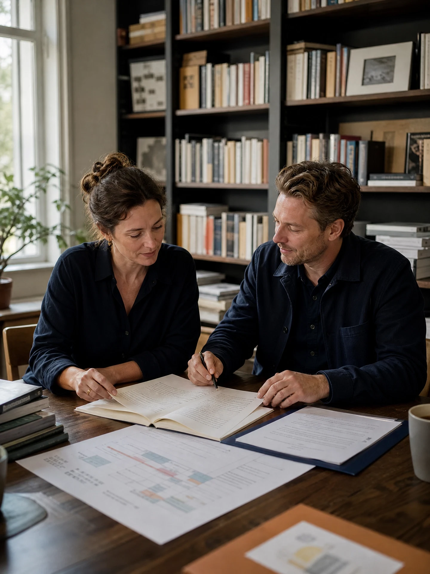 Frau und Mann sitzen vor hohen Bücherregalen an einem Holztisch und gehen gemeinsam Unterlagen und aufgeschlagene Bücher durch
