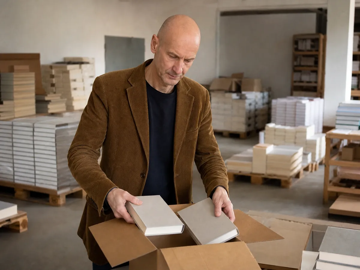 Verleger verpackt zwei frisch gedruckte Bücher als Pflichtexemplare für die Deutsche Nationalbibliothek