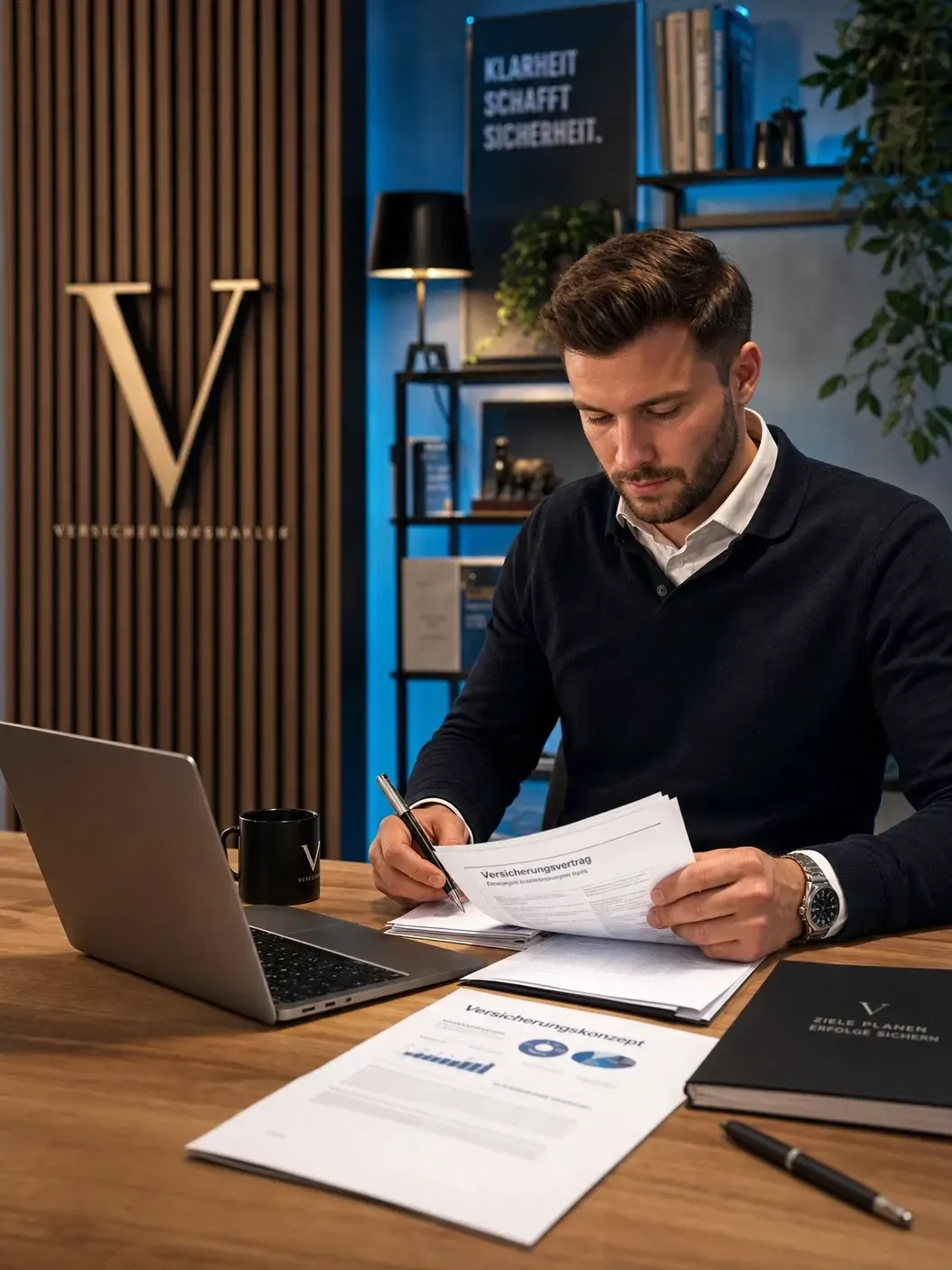 Selbstständiger sitzt am Schreibtisch und prüft einen Versicherungsvertrag, daneben Laptop und Unterlagen
