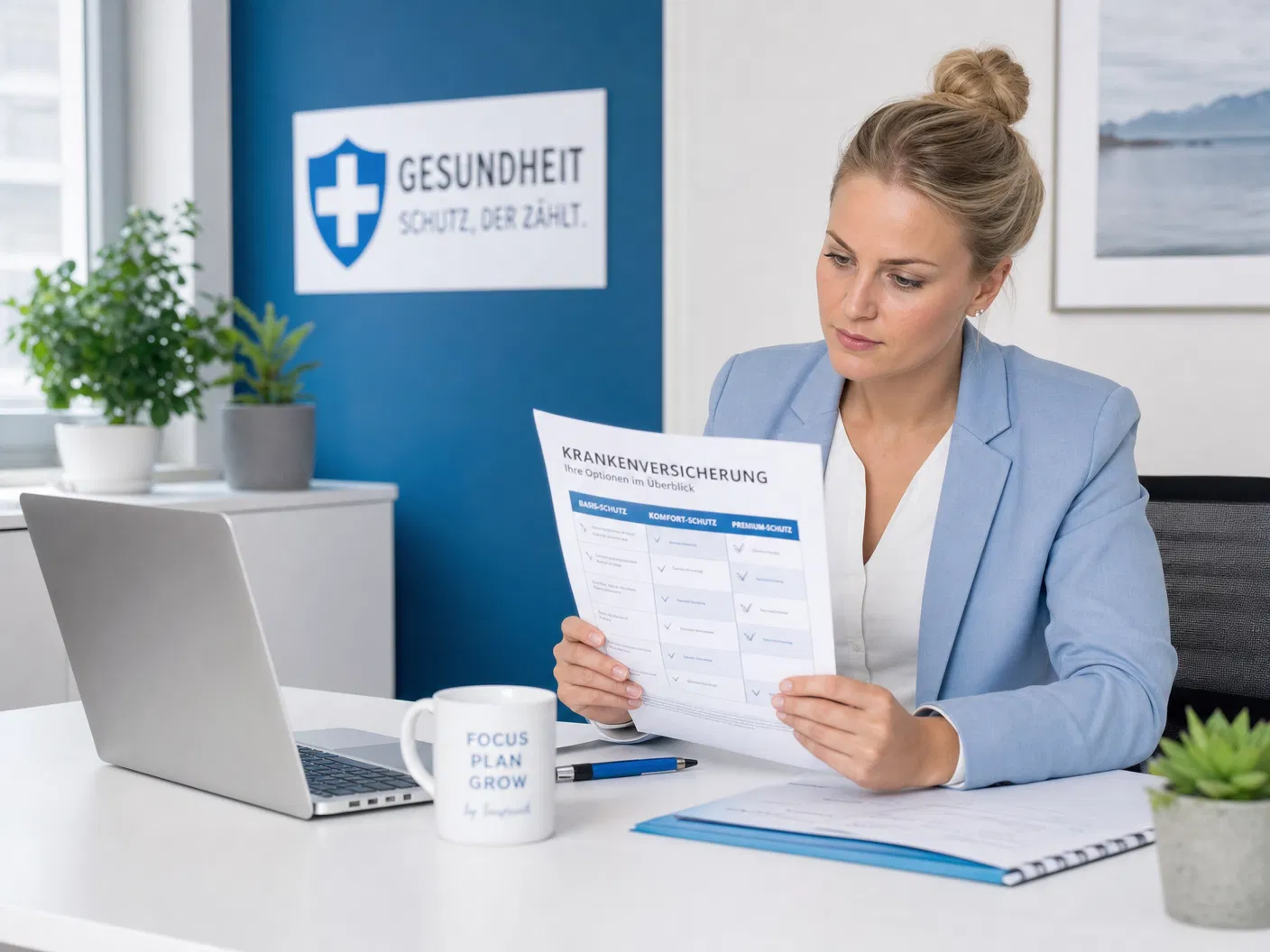 Frau im hellblauen Blazer liest am Schreibtisch ein Infoblatt zur Krankenversicherung