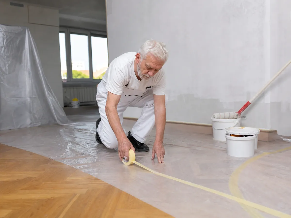 Malermeister deckt in einer Kundenwohnung das Parkett ab, um Schäden zu vermeiden, für die er haften würde