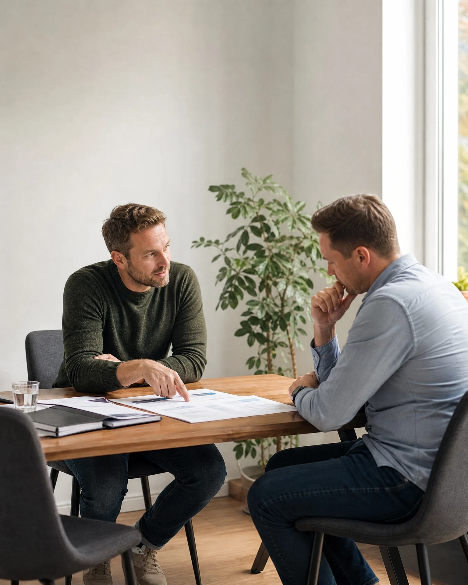 Zwei Männer sitzen an einem Holztisch und besprechen gemeinsam Unterlagen