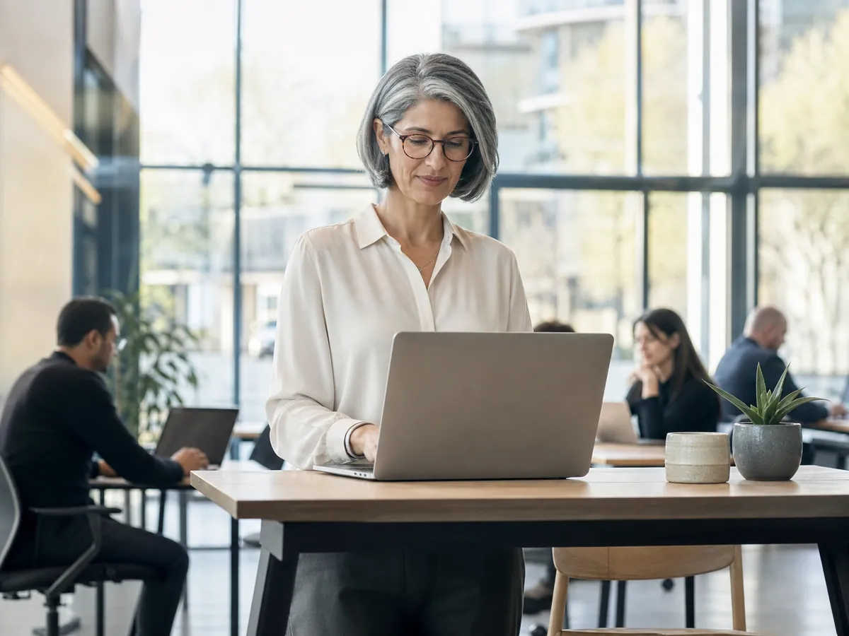 Virtuelle Assistentin arbeitet selbstbestimmt im Coworking-Space mit eigenem Laptop für mehrere Kunden