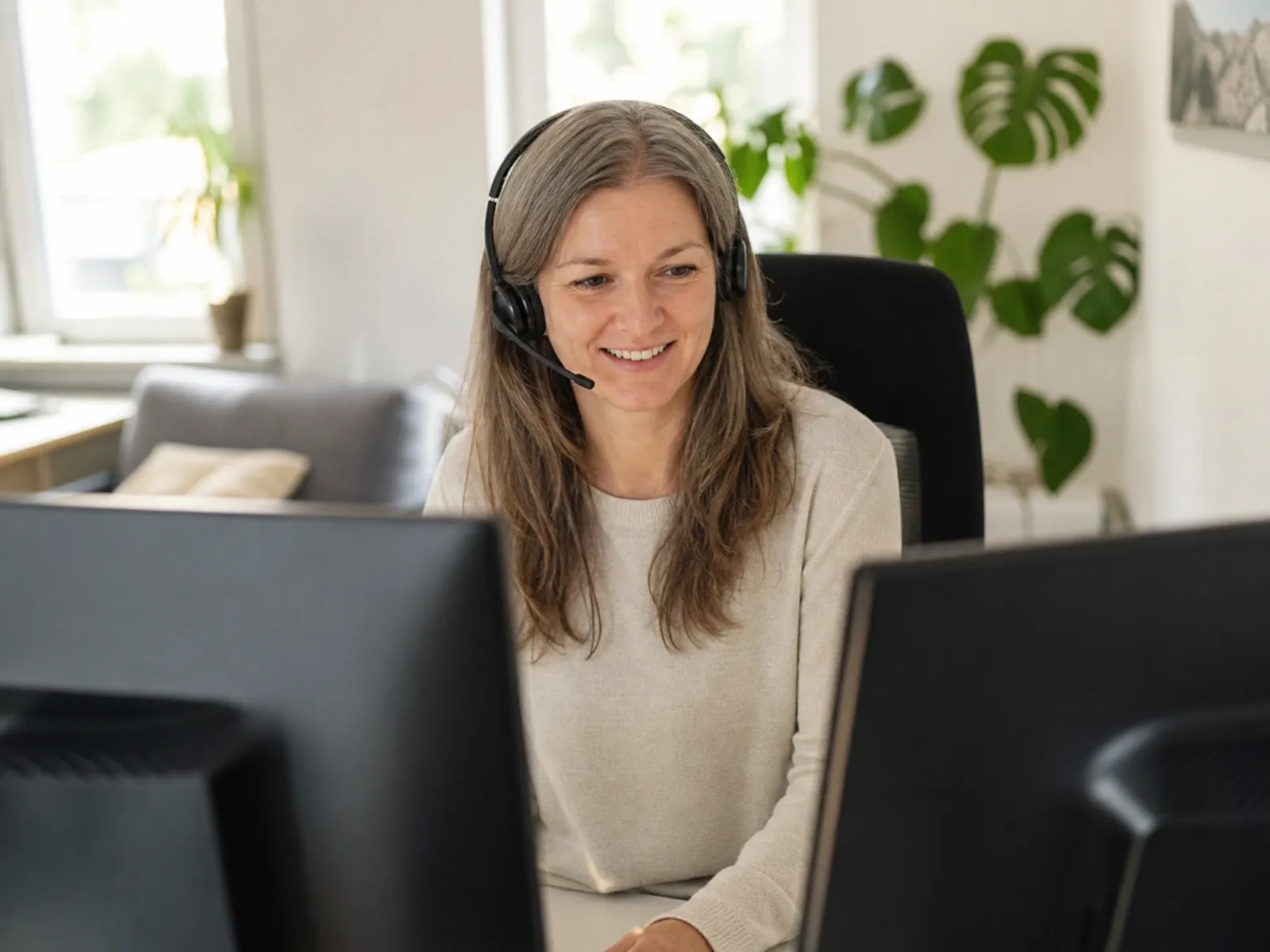 Selbstständig als virtuelle Assistenz: Frau mit Headset arbeitet im Homeoffice an zwei Bildschirmen