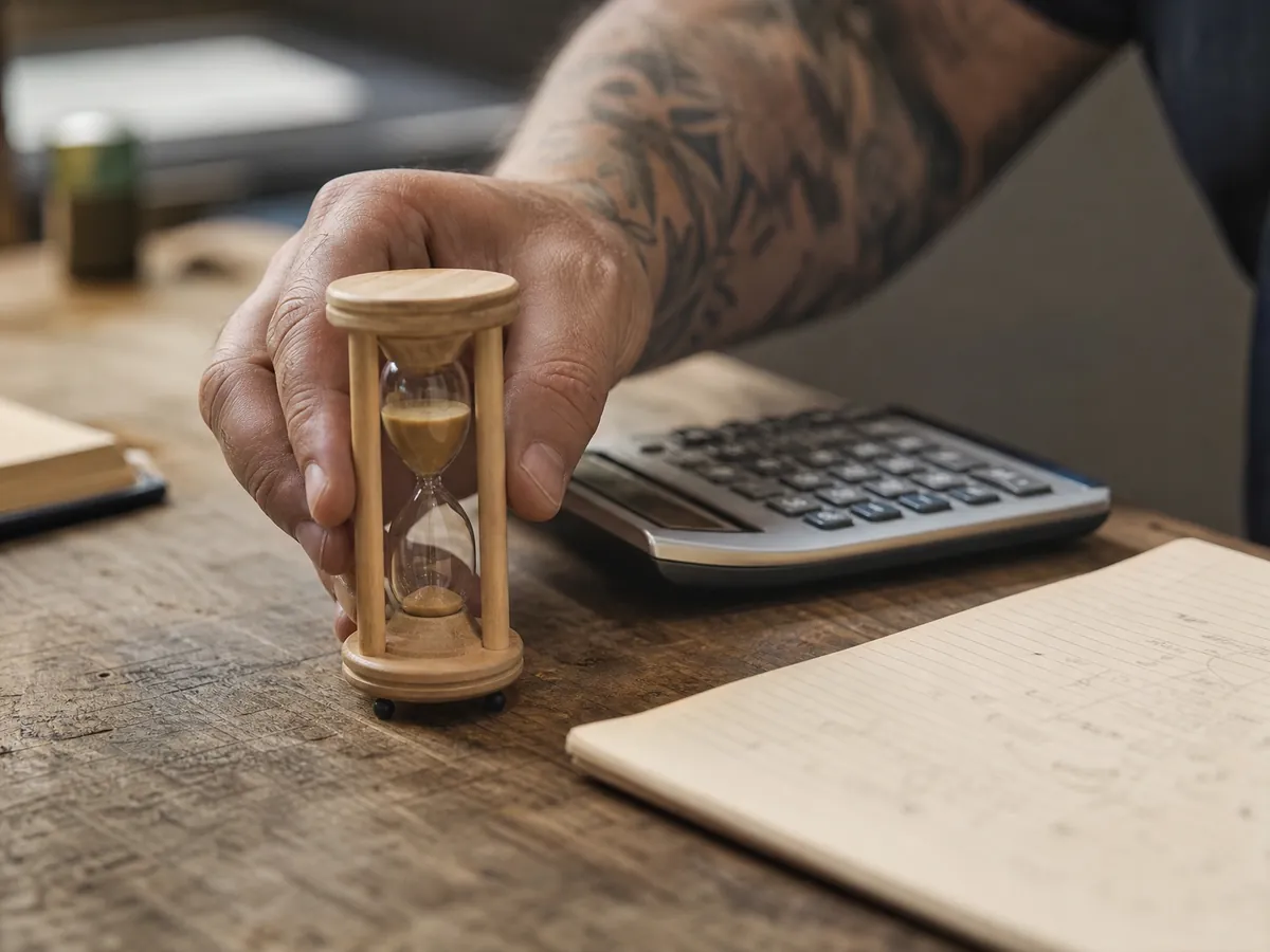 Sanduhr und Taschenrechner auf dem Schreibtisch beim Berechnen des Stundensatzes für virtuelle Assistenz