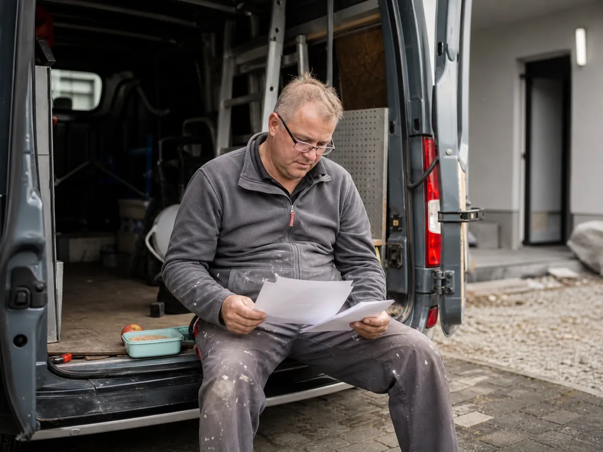Selbstständiger Fliesenleger liest in der Mittagspause Unterlagen zu seiner eigenen Altersvorsorge