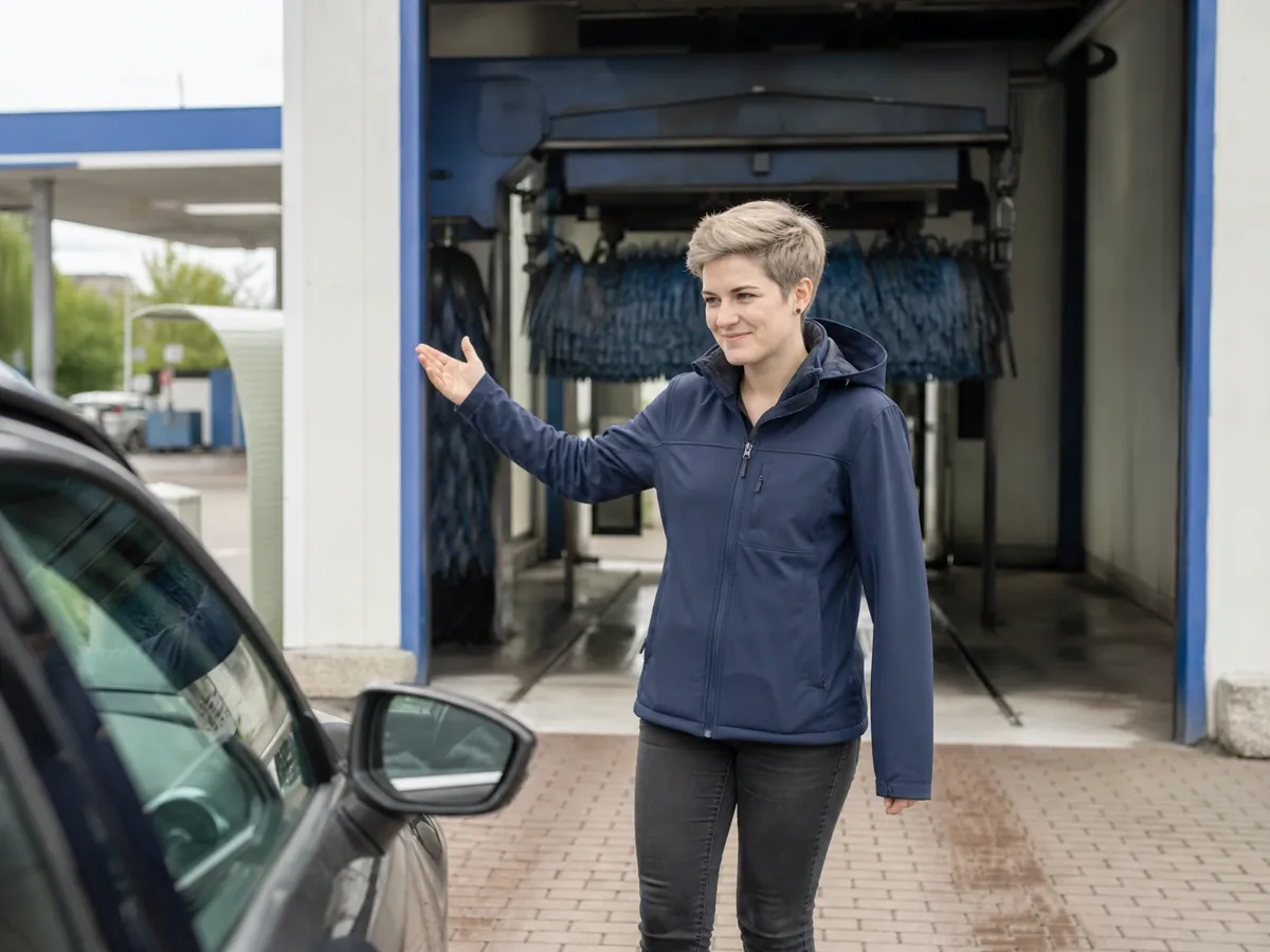 Junge Pächterin einer Waschanlage winkt ein Auto in die Waschhalle neben einer Tankstelle