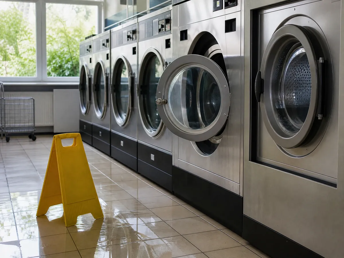 Waschmaschinen in einem Waschsalon mit Wasserpfütze am Boden, ein typisches Haftungsrisiko für Betreiber