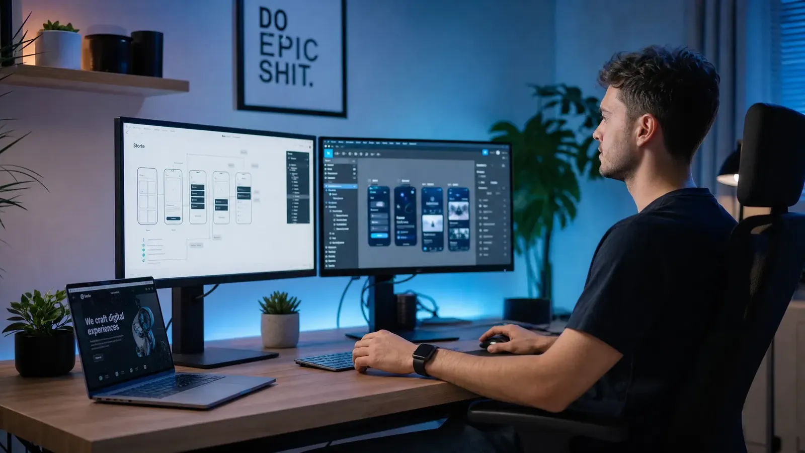 Webdesigner arbeitet am Abend an zwei Monitoren an App-Entwürfen und Wireframes, daneben ein Laptop mit Website