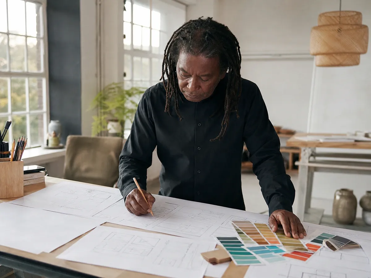 Webdesigner skizziert in seinem Studio Layouts von Hand, eine gestalterische und eigenständige Arbeit