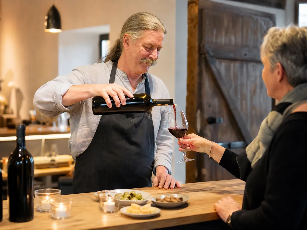 Wirt einer kleinen Weinbar schenkt an der Theke offene Weine aus, daneben stehen kleine Käseteller