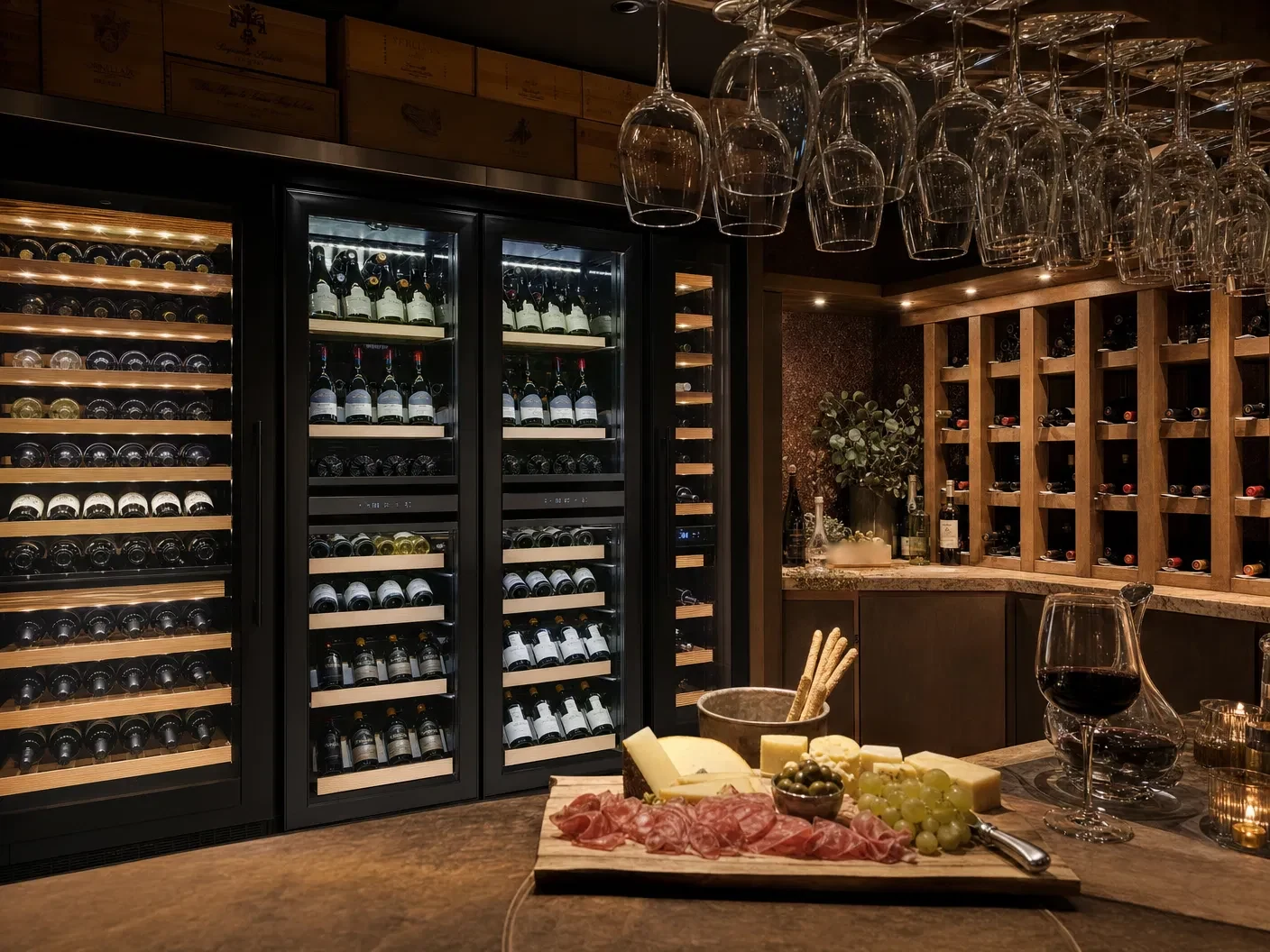 Beleuchtete Weinklimaschränke und Holzregale voller Weinflaschen, davor ein Brett mit Käse, Salami und Oliven