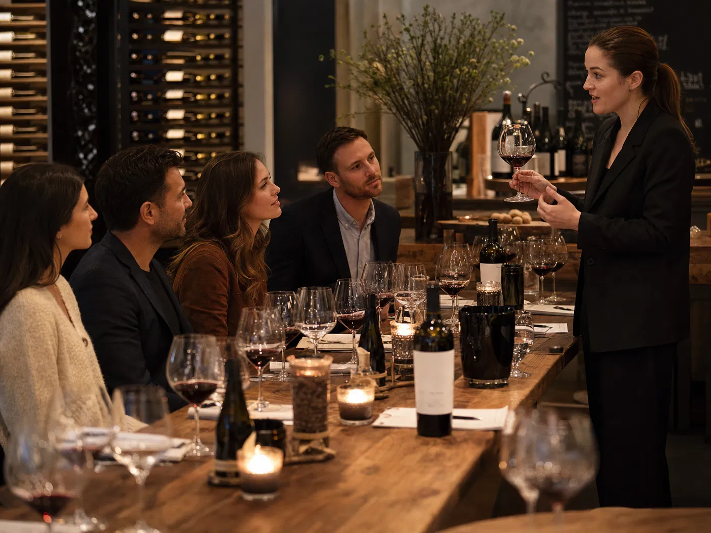 Frau stellt an einer Holztafel mit Weingläsern, Flaschen und Kerzen einer kleinen Gruppe Weine vor
