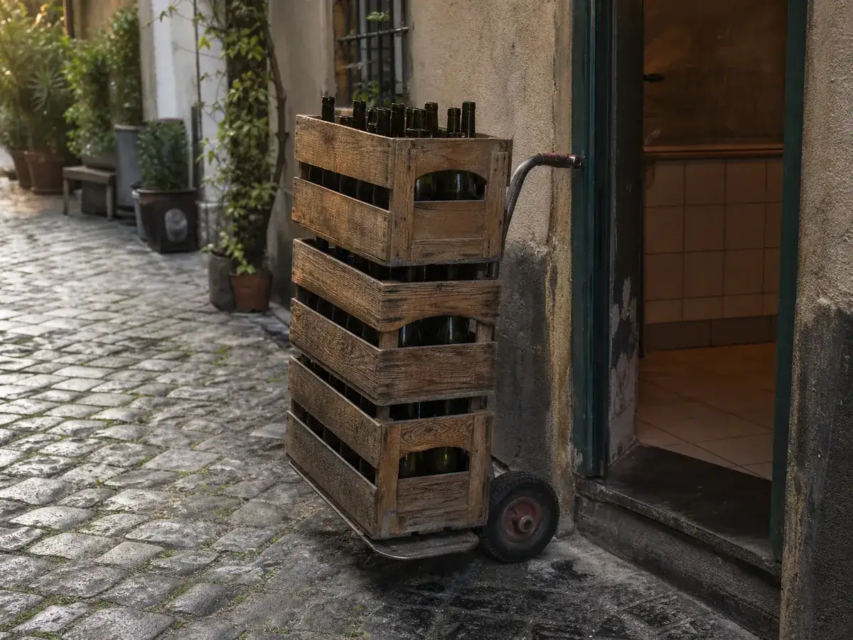 Weinkisten auf einer Sackkarre am Hintereingang eines Restaurants, beliefert von einem Weinhandel
