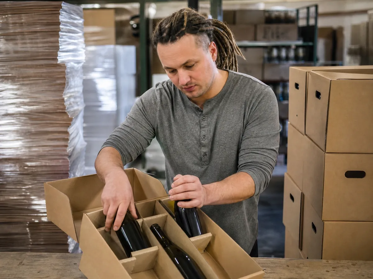 Weinhändler verpackt Flaschen für eine Onlinebestellung, die erst nach einer Altersprüfung verschickt wird