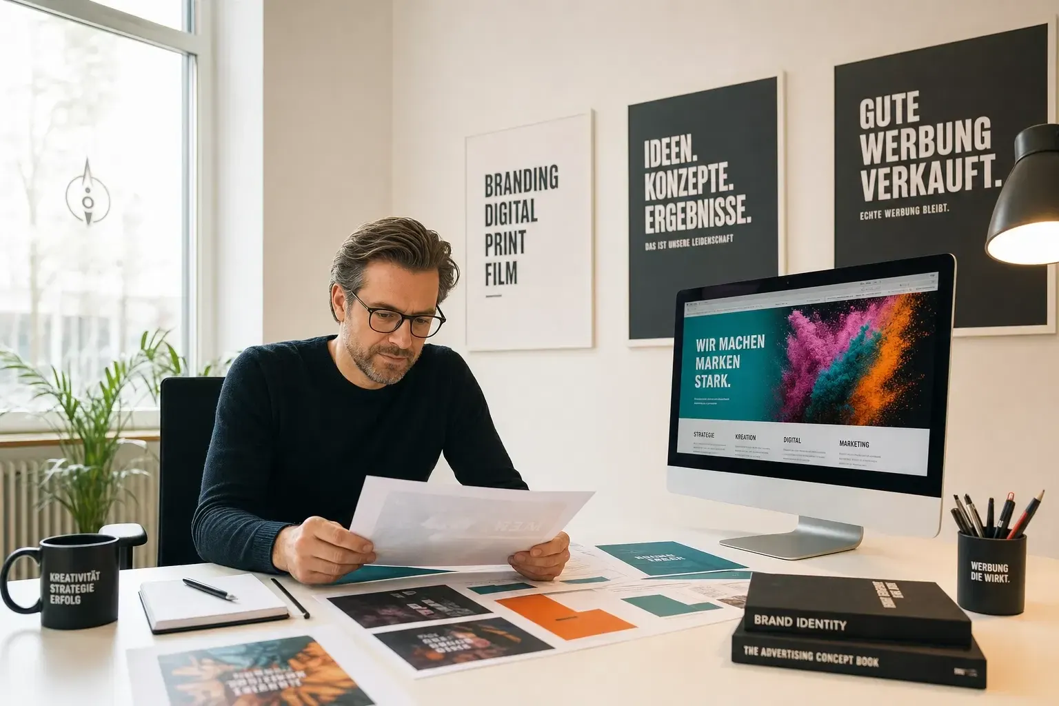 Agenturgründer prüft am Schreibtisch Kampagnenentwürfe, an der Wand hängen Plakate zu Branding und Werbung
