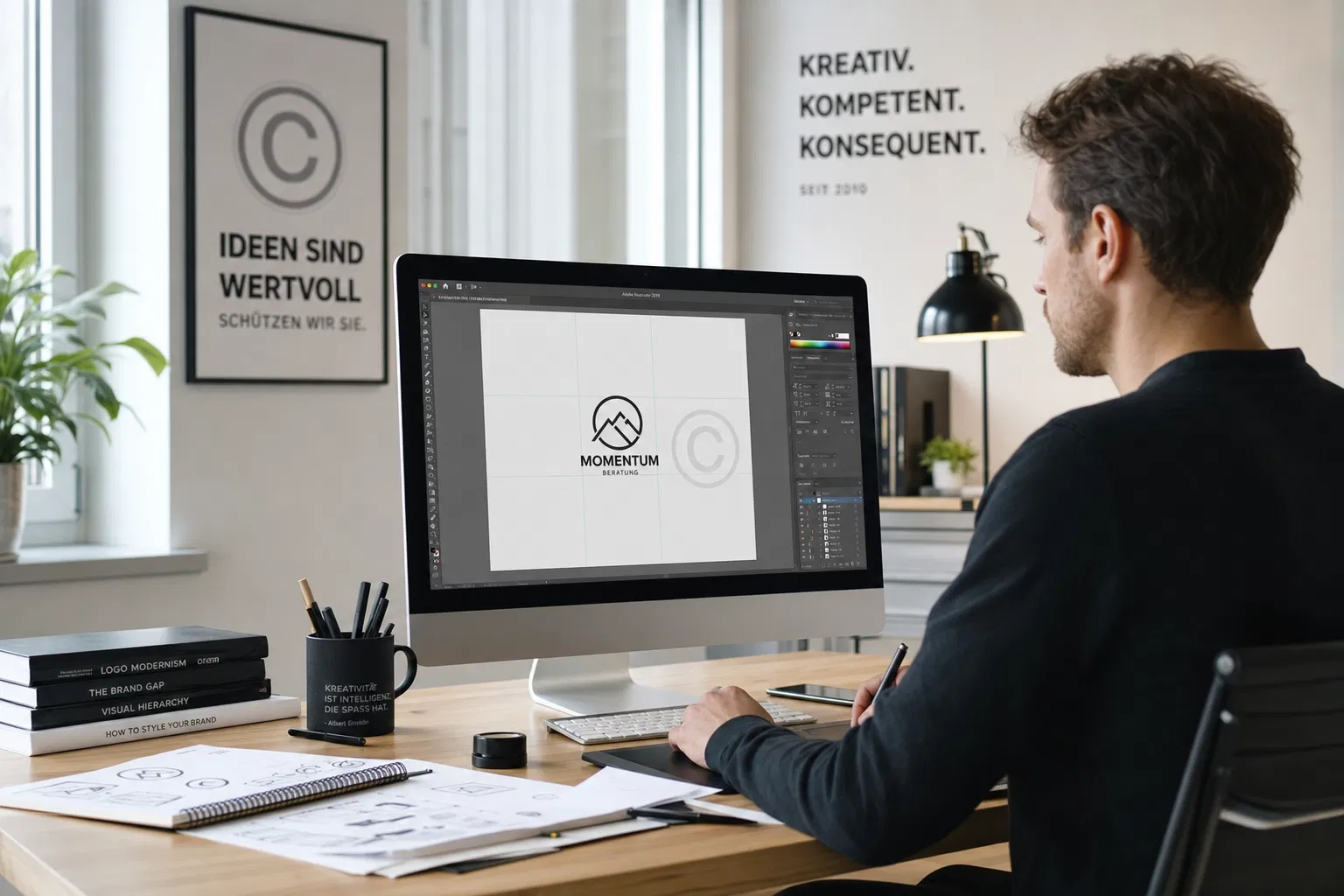 Designer arbeitet an einem Monitor an einem Logo-Entwurf, an der Wand ein Plakat mit Copyright-Zeichen und der Aufschrift „Ideen sind wertvoll“