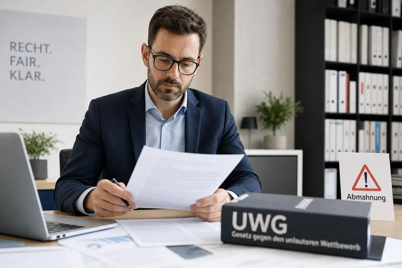 Mann mit Brille liest im Büro ein Schreiben, vor ihm ein Ordner mit der Aufschrift UWG und ein Aufsteller mit Warnzeichen und dem Wort Abmahnung