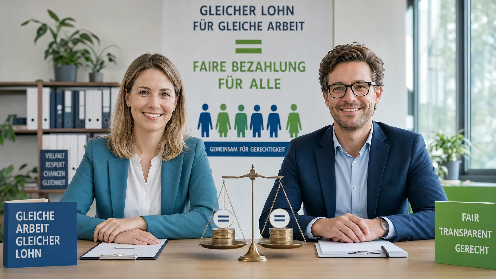 Frau und Mann sitzen lächelnd an einem Tisch mit einer Waage, im Hintergrund ein Plakat mit der Aufschrift „Gleicher Lohn für gleiche Arbeit“