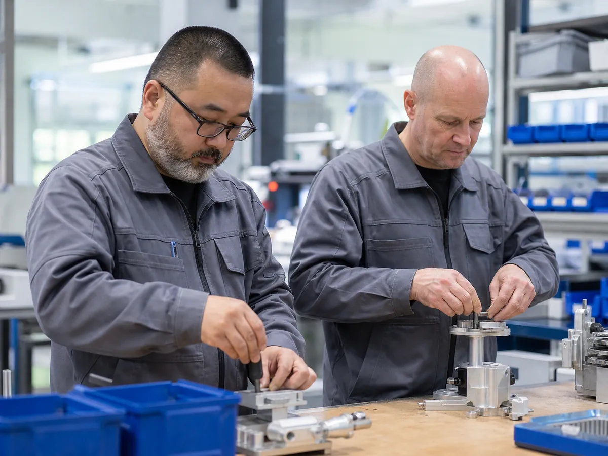 Leiharbeiter und Stammbeschäftigter montieren nebeneinander Bauteile, ein Sinnbild für Equal Pay
