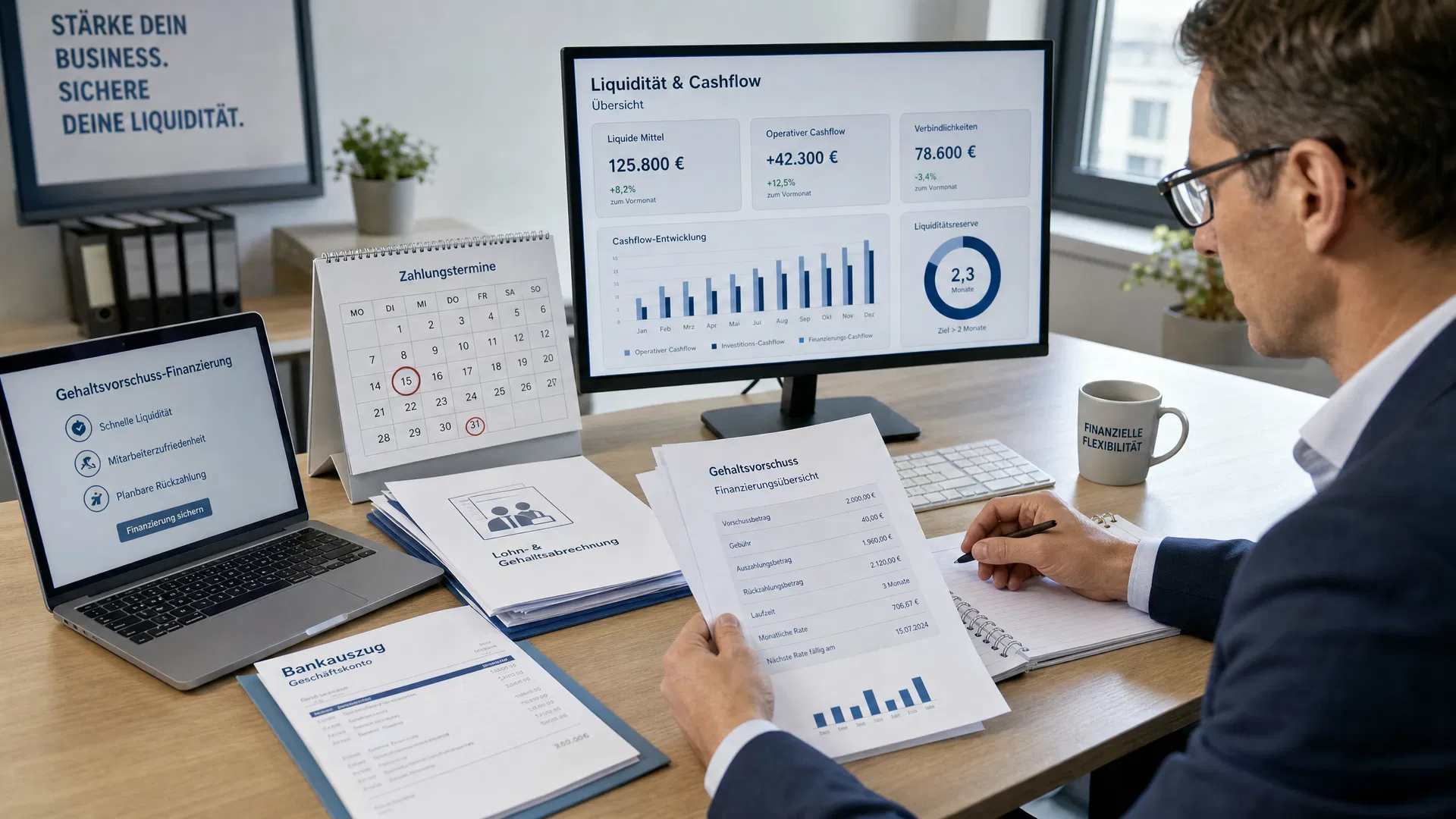 Mann sitzt an einem Schreibtisch mit Monitor, auf dem eine Liquiditätsübersicht mit Balkendiagramm zu sehen ist, daneben ein Tischkalender