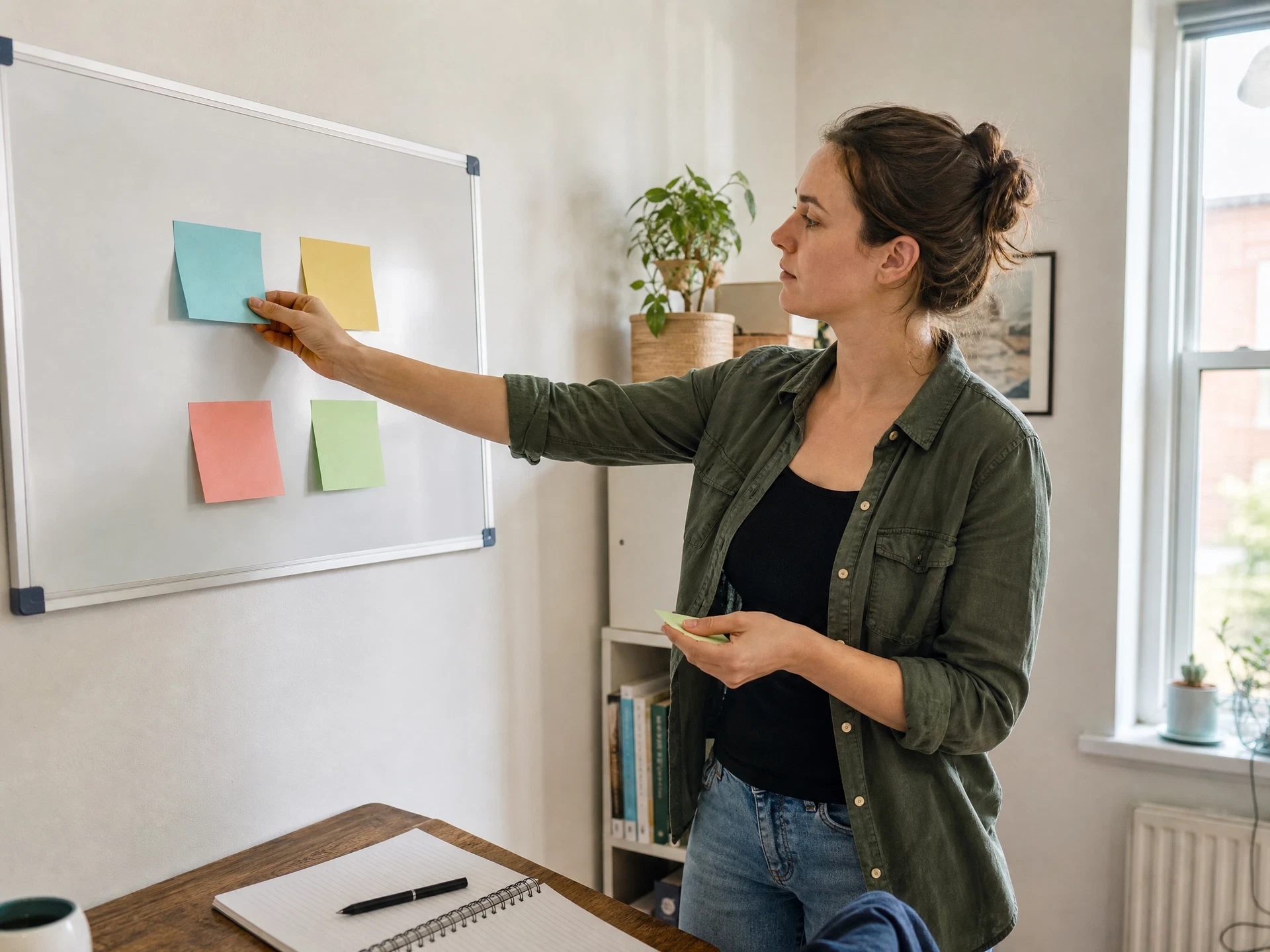 Frau in grüner Bluse klebt in einem hellen Arbeitszimmer farbige Haftnotizen an ein Whiteboard