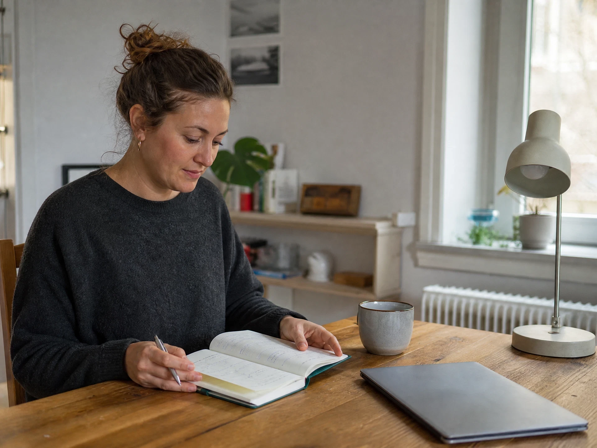 Frau im dunklen Pullover schreibt am Holztisch in ein Notizbuch, daneben ein zugeklappter Laptop und eine Tasse