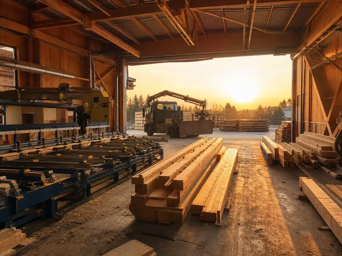 Zimmereihalle mit Abbundanlage und Holzlager, dem größten Kostenblock bei der Gründung einer Zimmerei