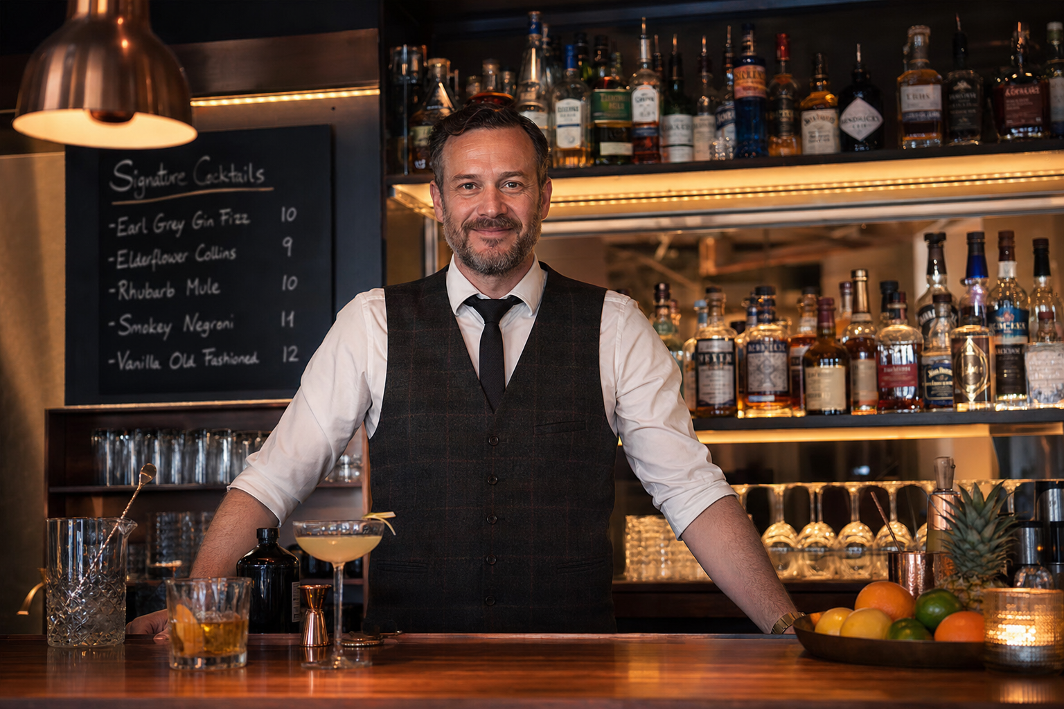 Barkeeper steht hinter einem Cocktailtresen in einer modernen deutschen Bar – Bar eröffnen 2026