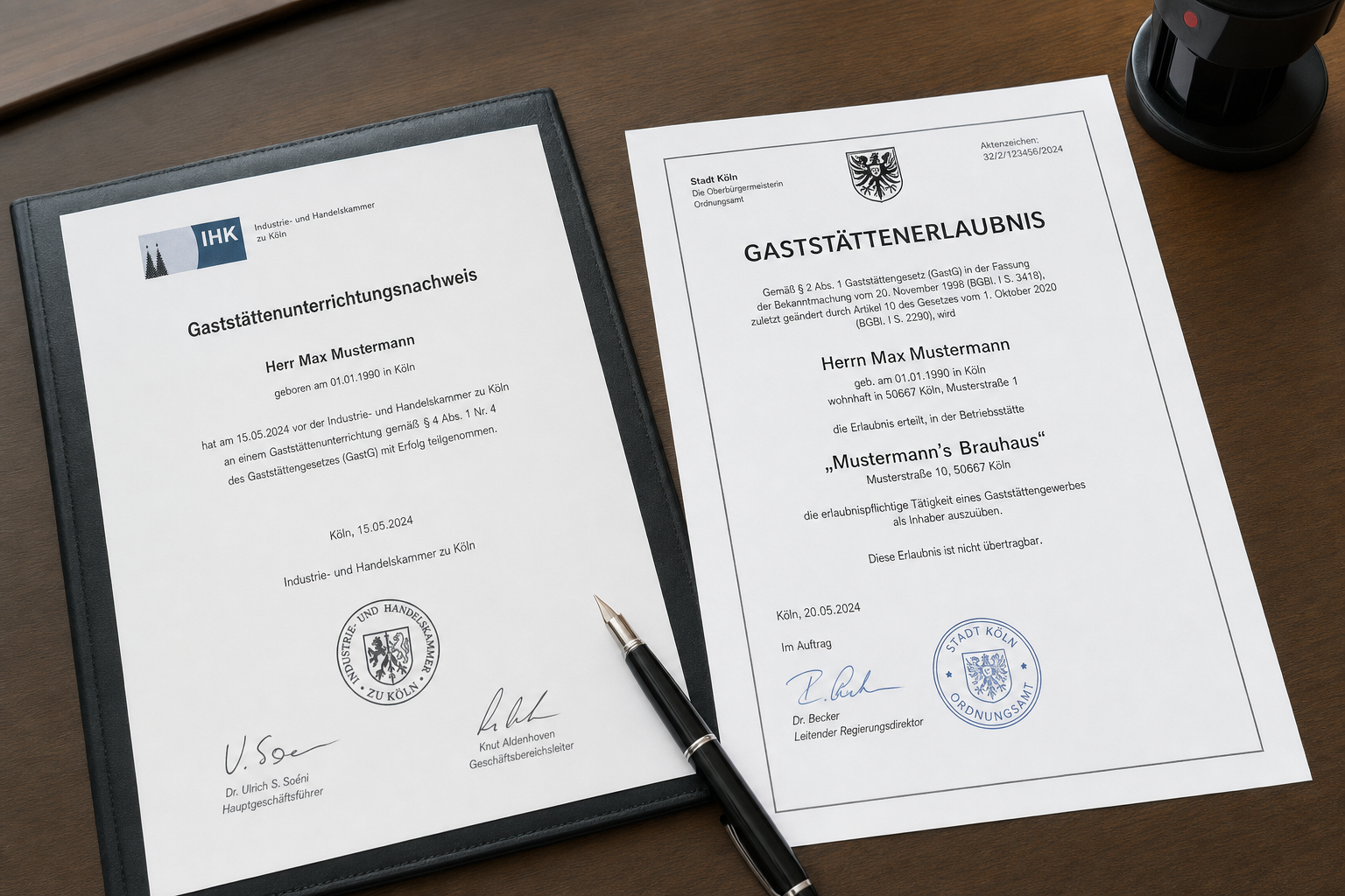 IHK-Gaststättenunterrichtungsnachweis und Gaststättenerlaubnis (Konzession) auf einem Schreibtisch – Bar eröffnen Konzession