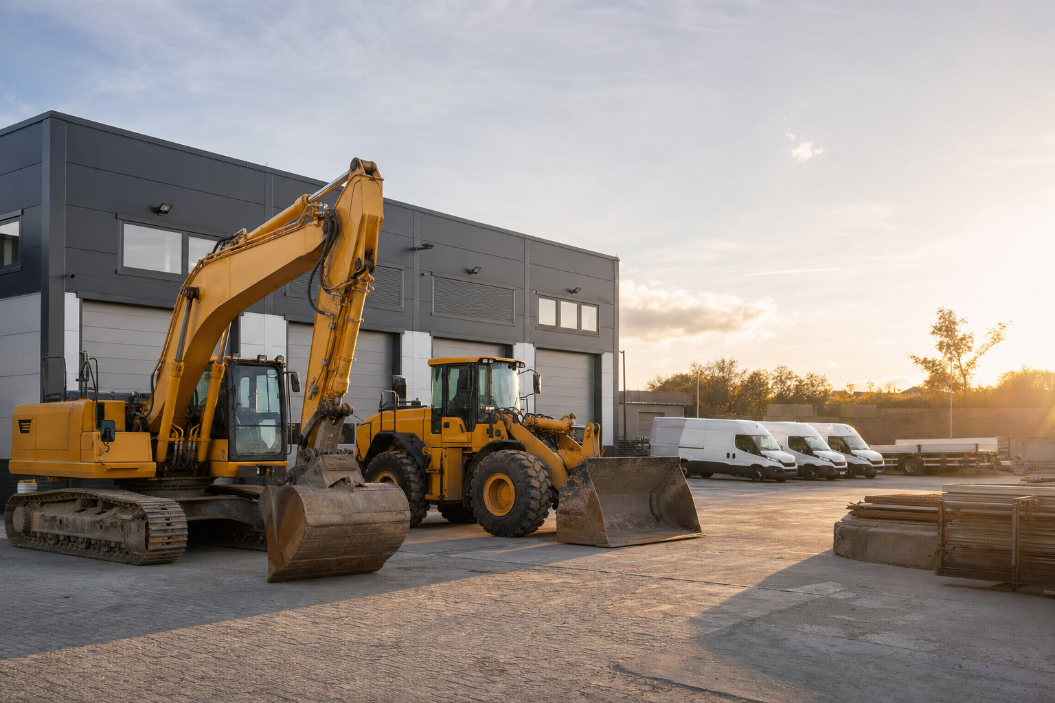 Baumaschinenpark einer Baufirma – Minibagger, LKW und Gerüstmaterial