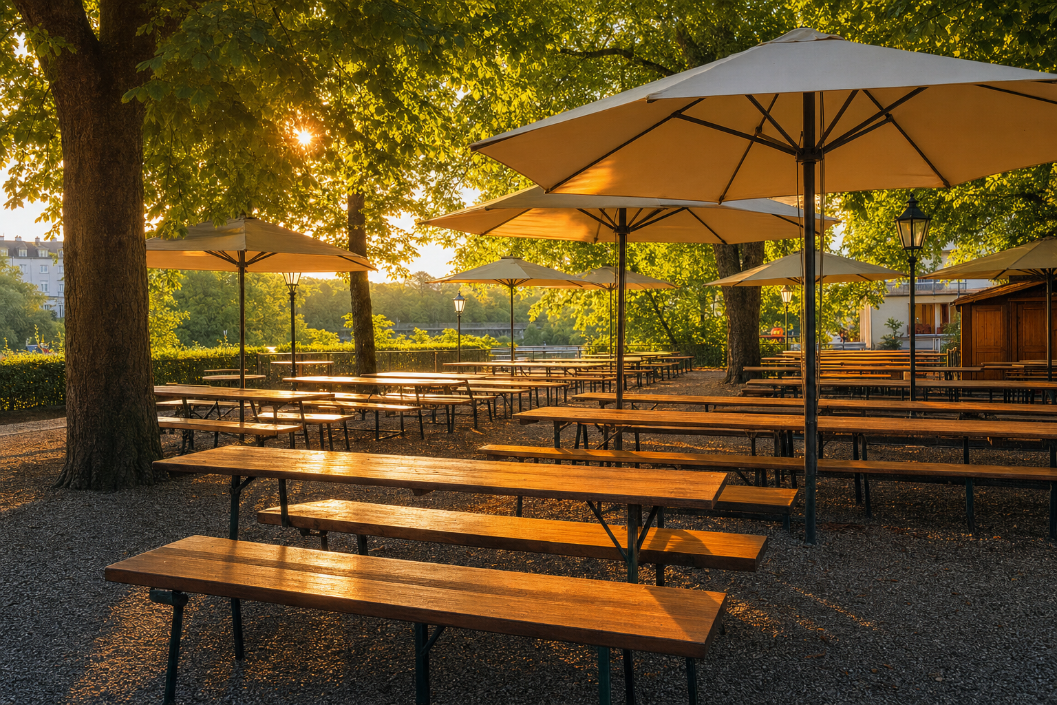 Traditioneller deutscher Biergarten mit Biertischgarnituren, großen Sonnenschirmen und Kastanienbäumen im goldenen Abendlicht – Biergarten Ausstattung
