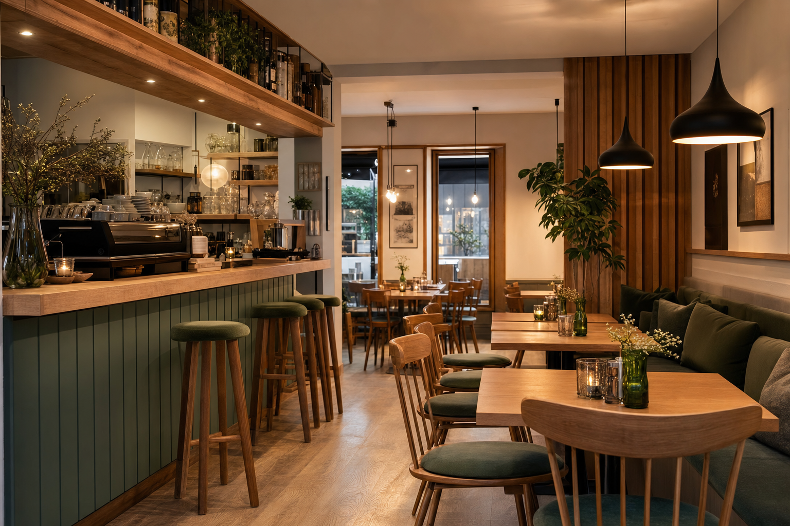 Gemütliches modernes Bistro-Interieur mit Holztischen, Barhockern und warmem Ambiente – Bistro eröffnen