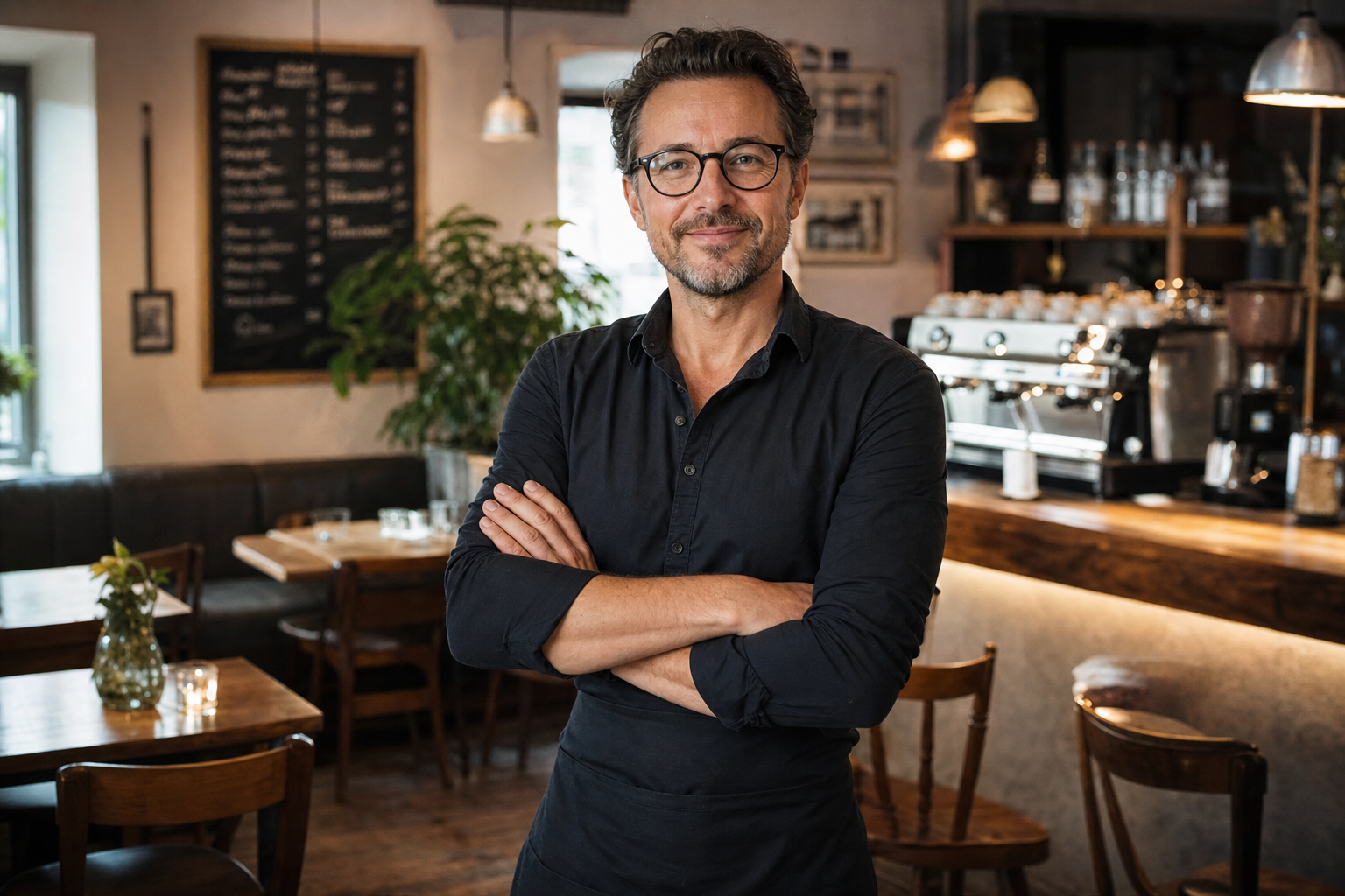 Bistro-Inhaber steht selbstbewusst in einem gemütlichen deutschen Bistro – Bistro eröffnen 2026