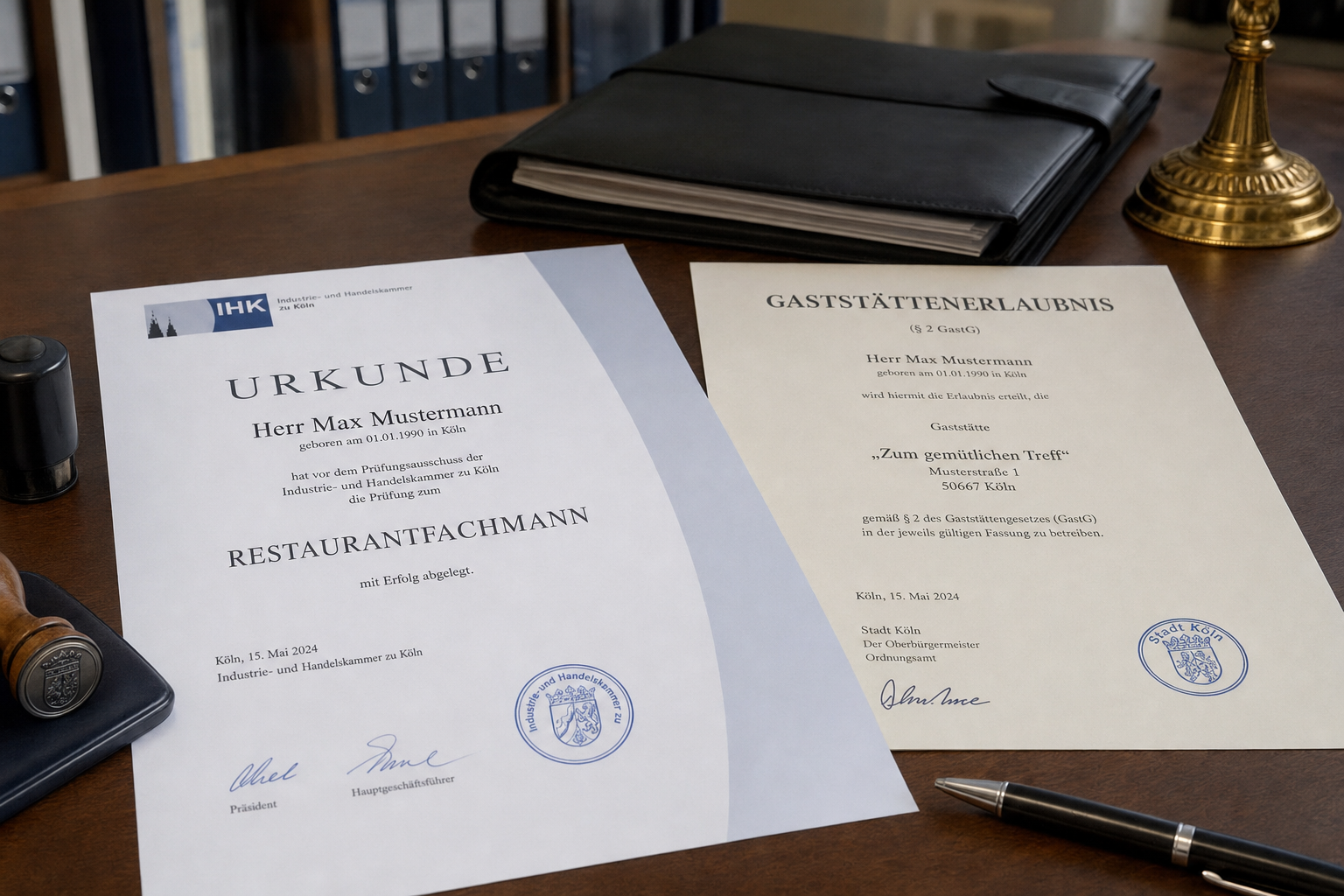 IHK-Urkunde und Gaststättenerlaubnis auf einem Schreibtisch – Bistro eröffnen Konzession IHK