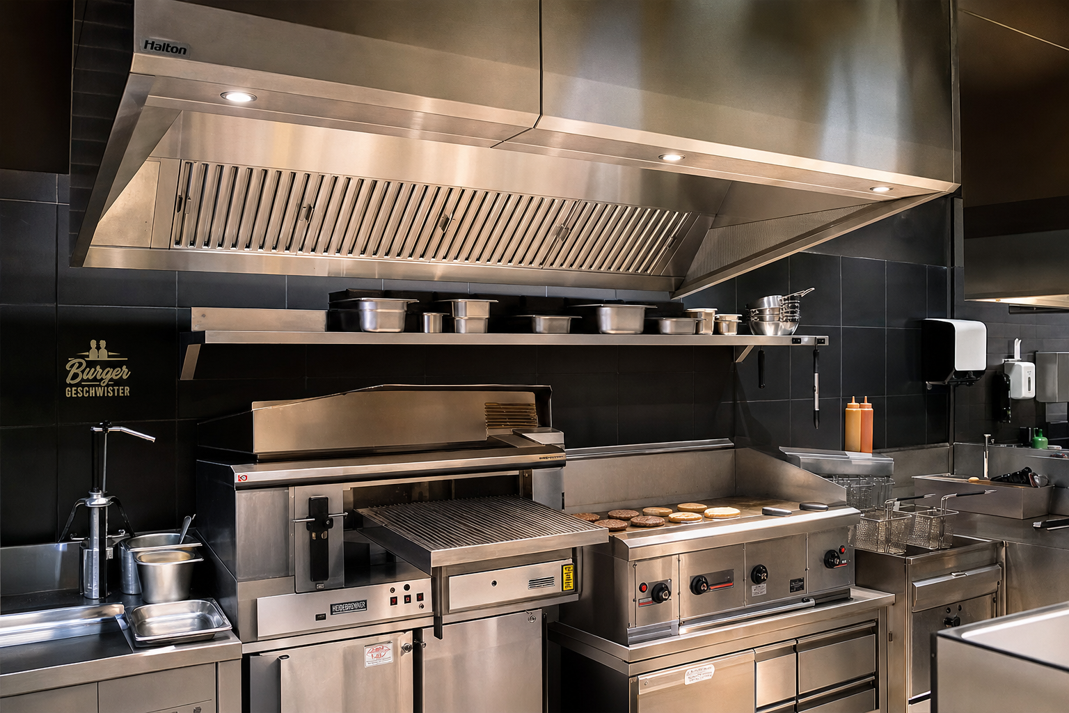 Professionelle Gastroküche mit Ablufthaube über Grillstation – Burgerladen Fettabscheider Abluftanlage