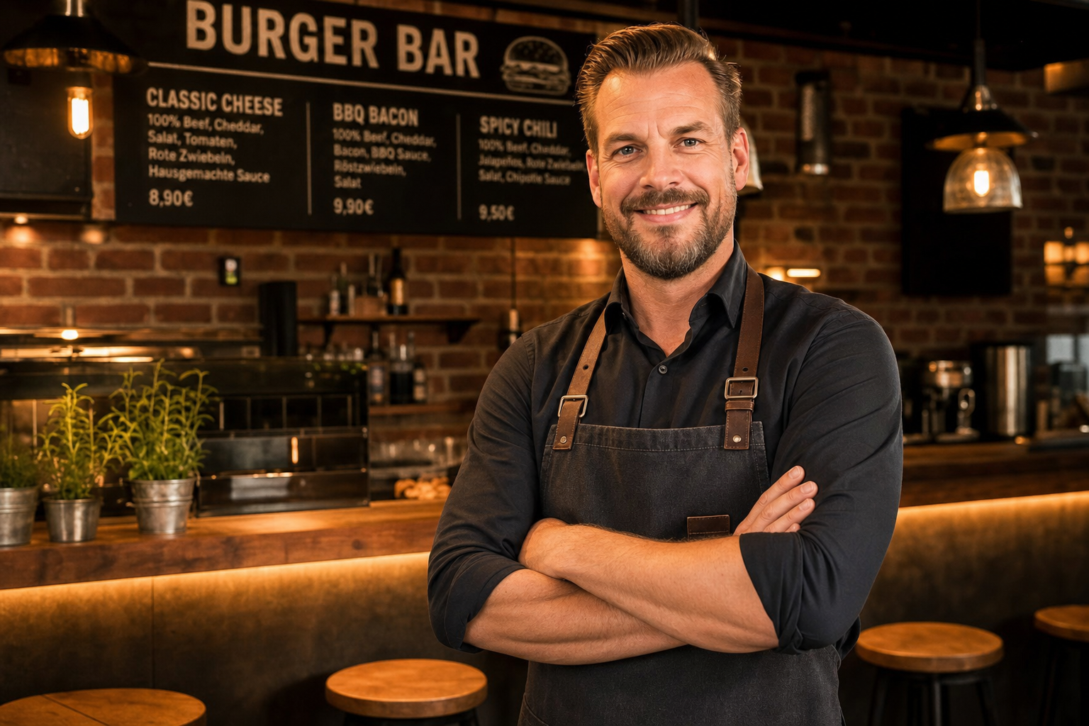 Burgerladen-Inhaber steht selbstbewusst in einem modernen deutschen Burger-Restaurant – Burgerladen eröffnen 2026