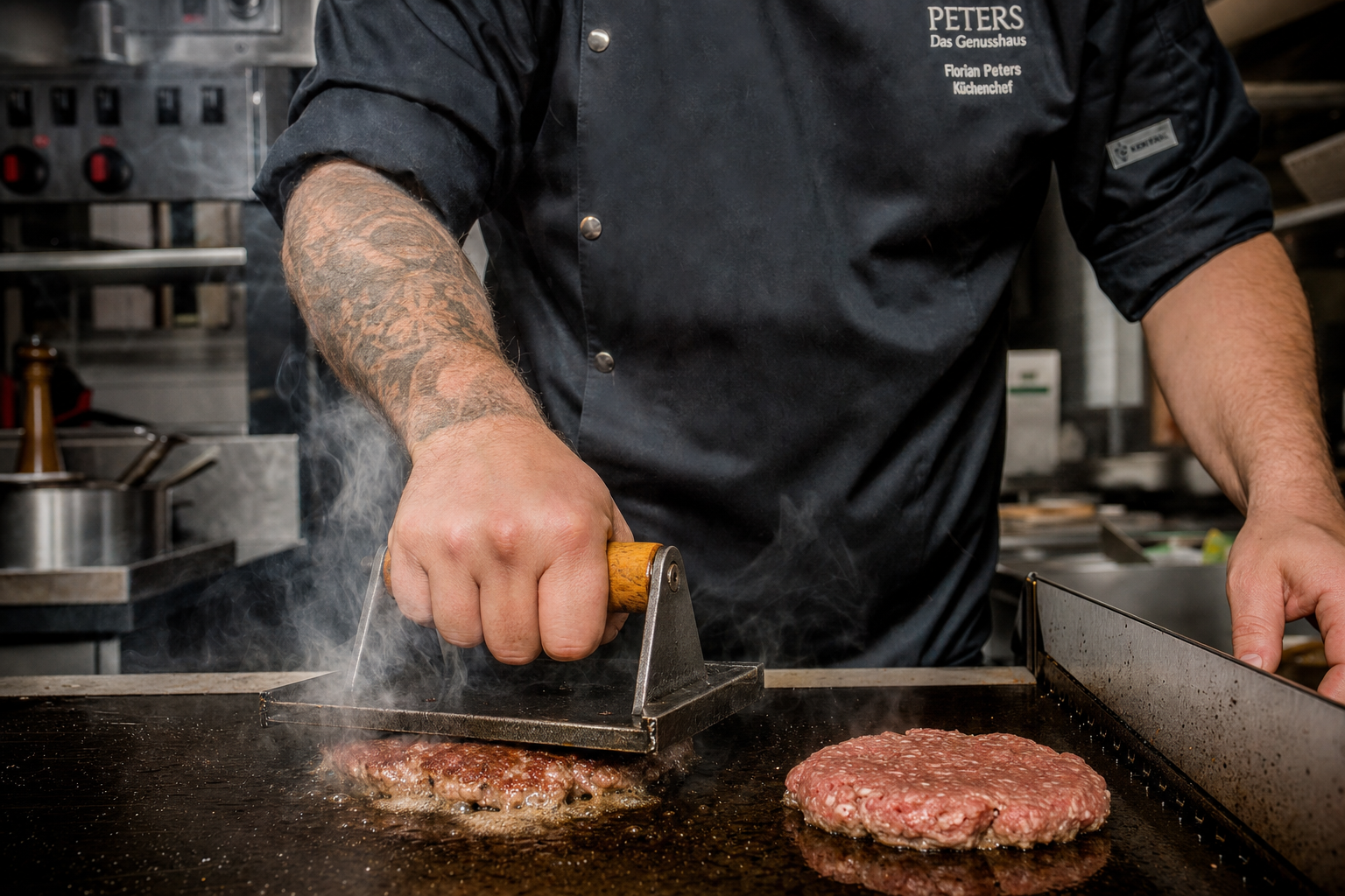 Koch drückt einen Smash Burger Patty auf einer heißen Grillplatte – Smash Burger Burgerladen eröffnen