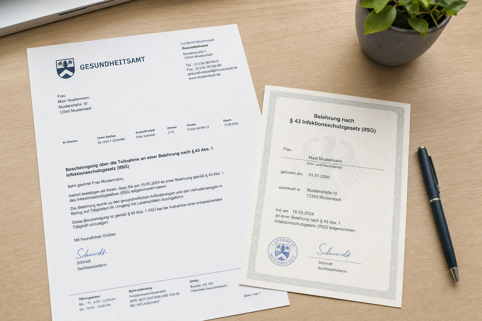 IfSG-Belehrungsbescheinigung des Gesundheitsamts auf einem Schreibtisch – Belehrung nach Infektionsschutzgesetz für Café-Gründer