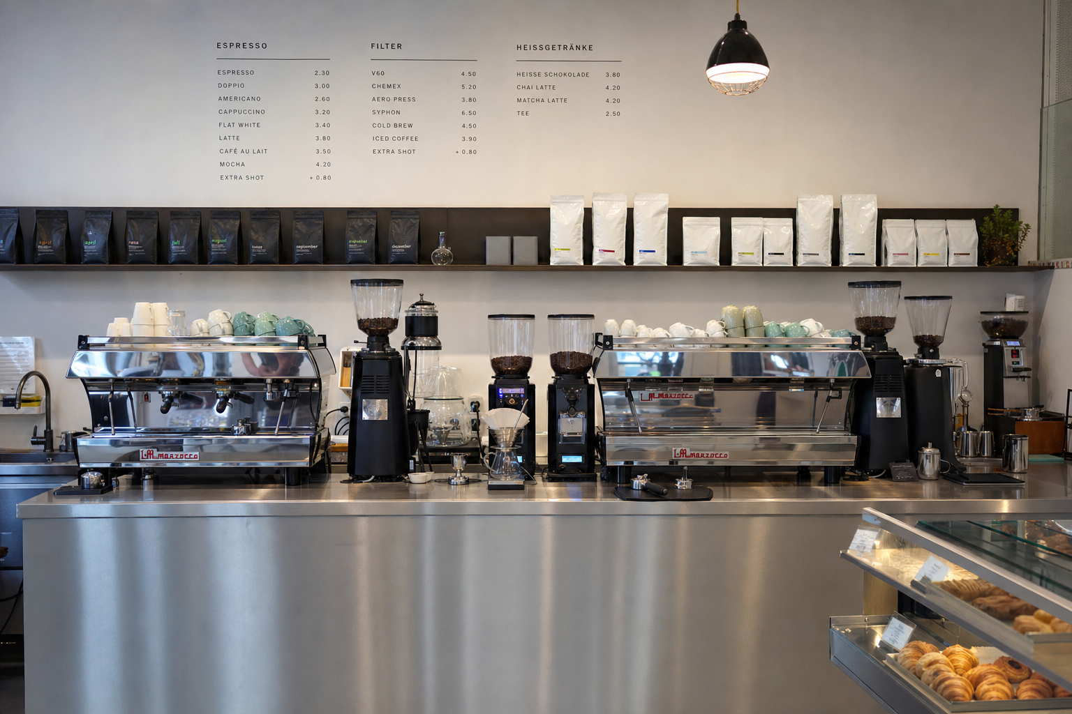 Professionelle Kaffeemaschinen und Mühlen in einem deutschen Café – Kaffeetechnik und Ausstattung