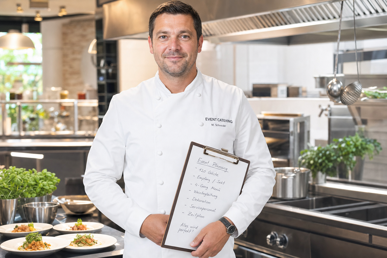 Catering-Unternehmer in Kochkleidung mit Klemmbrett in einer professionellen Gewerbeküche – Catering gründen 2026