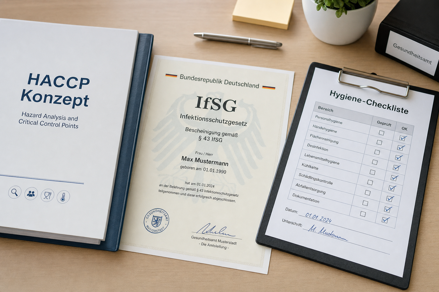 HACCP-Konzept und IfSG-Bescheinigung auf einem Schreibtisch – Eisdiele eröffnen Hygiene und Genehmigungen